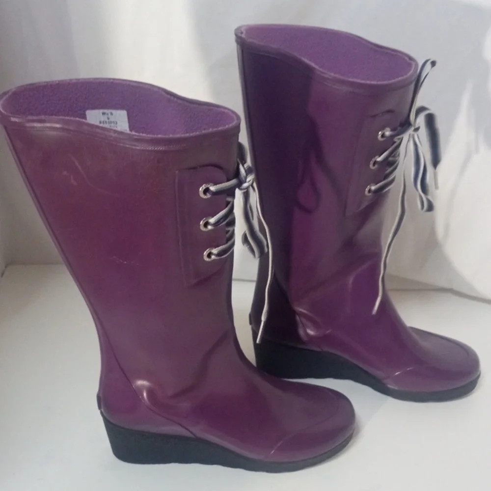 Purple Women's Lace-Up 2” Wedge Heels Rubber Boots, Size 9 - Picture 4 of 10